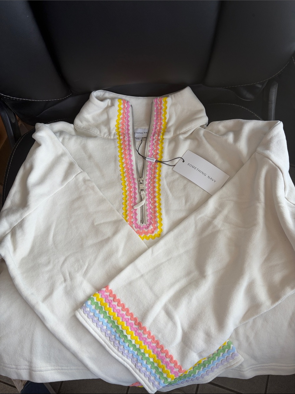 Something Navy White Quarter Zip Pullover with Rainbow Appliqué
